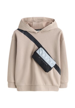 Beżowa bluza z kapturem z czarnym paskiem diagonalnym i przymocowaną czarno-szarą saszetką z napisem "BAKER BY TED BAKER."