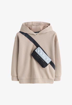 Beżowa bluza z kapturem z czarnym paskiem diagonalnym i przymocowaną czarno-szarą saszetką z napisem "BAKER BY TED BAKER."
