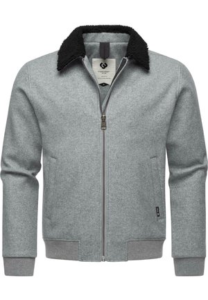 Grey wool jacket with a black fleece collar, front zipper, and side pockets. Ribbed cuffs and hem provide a fitted look.