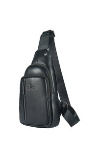 Borsa a tracolla in pelle nera con finitura texturizzata, dotata di tasca frontale con zip, tracolla regolabile e dettaglio del logo. Design compatto e elegante.