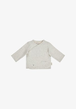 Cremefarbene Baby-Wickelshirt mit langen Ärmeln, diagonalem Druckknopfverschluss, kleiner Fronttasche und einem dezenten Bärengesicht-Detail in Saumnähe.