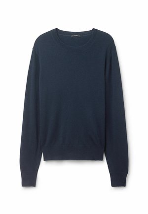 Pullover blu navy realizzato in tessuto morbido, con scollo rotondo, maniche lunghe, polsini a coste e orlo dritto con leggeri spacchi laterali.