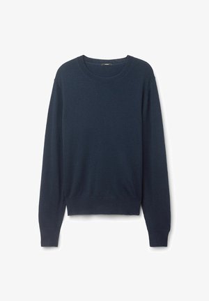 Pullover blu navy realizzato in tessuto morbido, con scollo rotondo, maniche lunghe, polsini a coste e orlo dritto con leggeri spacchi laterali.