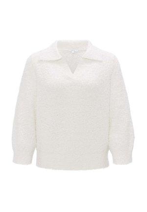 Witte pull-over trui van zachte, gestructureerde stof. Heeft een kraaglijn en een lichte V-hals, met lange, iets ballonvormige mouwen.