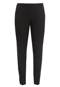 Pantalon noir ajusté à coupe slim avec passants de ceinture, devant plat et jambes fuselées.