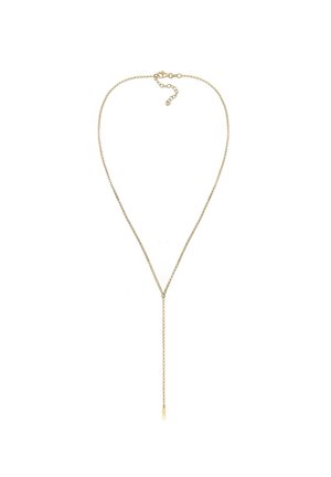 Collier à chaîne fine en or avec une barre en forme de V et une chaîne pendante se terminant par un petit pendentif rectangulaire, avec une fermeture à mousqueton.