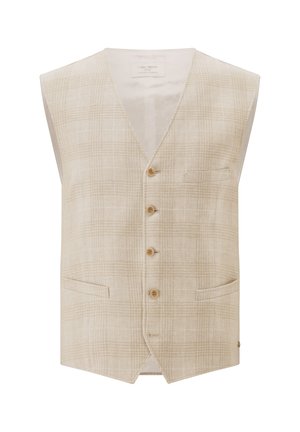 Beige karierte Weste mit V-Ausschnitt, vier braunen Knöpfen und drei Vordertaschen aus leichtem Stoff.