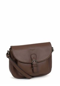 Borsa a tracolla in pelle marrone con chiusura a fibbia e tracolla regolabile.