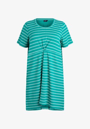 Kortærmet teal kjole med hvide vandrette striber, rund halsudskæring og frontplissé-detalje.