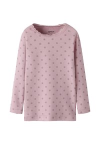 Roze langearm T-shirt met grijze stippen en kantafwerking rond de ronde halslijn, kindermaat EU 92.