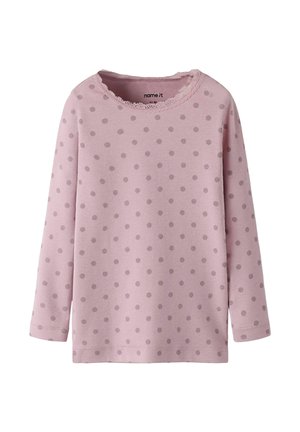 Roze langearm T-shirt met grijze stippen en kantafwerking rond de ronde halslijn, kindermaat EU 92.