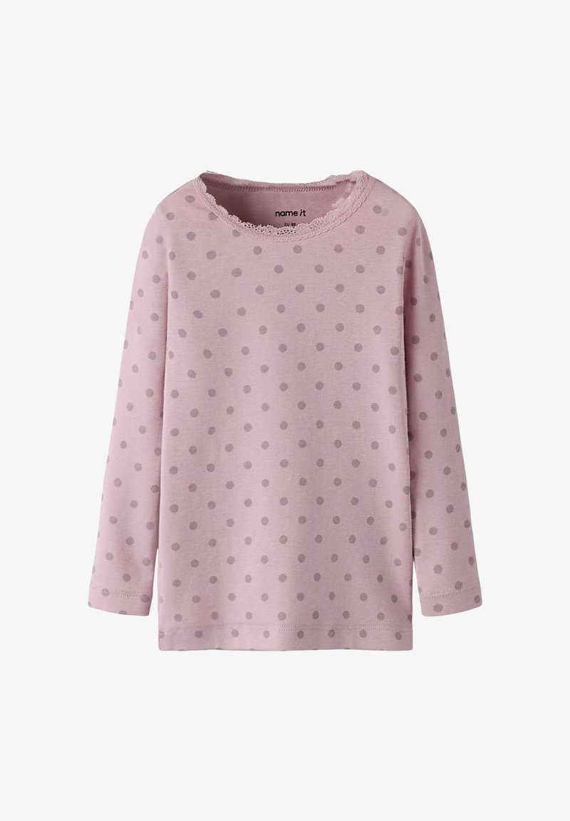 Roze langearm T-shirt met grijze stippen en kantafwerking rond de ronde halslijn, kindermaat EU 92.