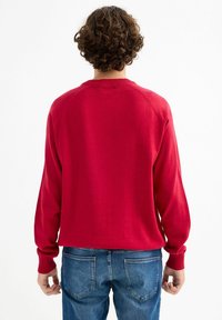 Suéter rojo de punto con mangas largas y cuello redondo. Mostrado desde la parte de atrás, con puños acanalados y un dobladillo recto.