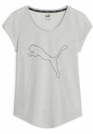 Lysegrå T-shirt med korte ærmer og rund halsudskæring med sort omrids af Puma-kattelogoet henover brystet.