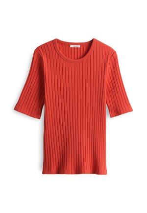 Red ribbed t-shirt with a round neckline and short sleeves. Features vertical stripes and a smooth texture.