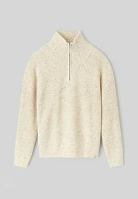 Pull en tricot couleur crème avec un col haut, fermeture éclair mi-longue et un motif en relief texturé. Présente des éclats de différentes couleurs.