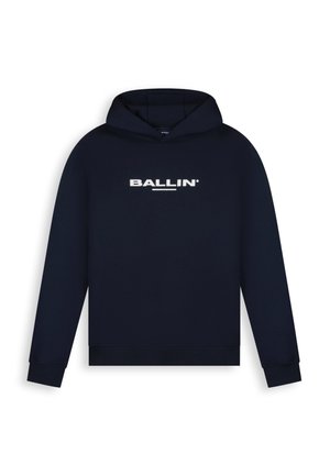 Navy blue hoodie with long sleeves and a hood, featuring white uppercase "BALLIN'" text centered on the chest.