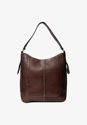 Brown leather hobo bag with a soft texture, curved top, single adjustable strap, and white stitching accents for detail.