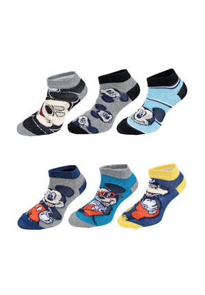 Six pairs of colorful ankle socks featuring various Mickey Mouse designs and patterns in blue, grey, black, and yellow tones.