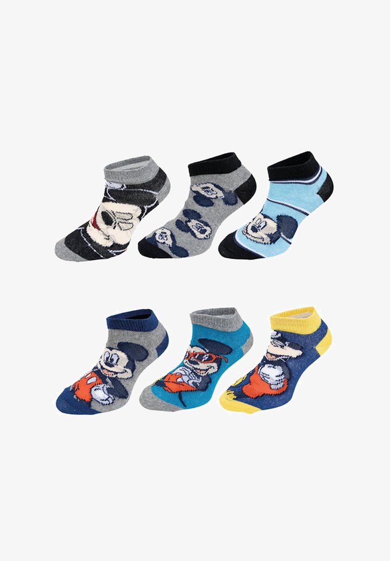 Sześć par kolorowych skarpetek do kostek z różnymi wzorami i motywami Myszki Miki w odcieniach niebieskiego, szarego, czarnego i żółtego.