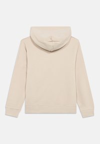 Beige hosszú ujjú kapucnis pulóver, sima hátsó résszel, bordás mandzsettával és derékrésszel, fehér háttér előtt bemutatva.