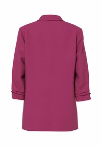Blazer magenta à manches longues avec col et poignets retroussés vu de dos sur fond blanc.