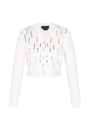 Valkoinen lyhyt neule, jossa on pitkät hihat, v-pääntie ja nappitasku. Koristeltu metallinhohtoisilla paljeteilla eri kuvioilla.