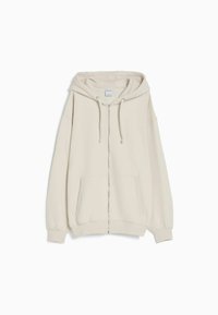 Felpa con zip beige, dotata di tasca frontale, cappuccio con coulisse e maniche lunghe. Realizzata in tessuto morbido con una vestibilità comoda.