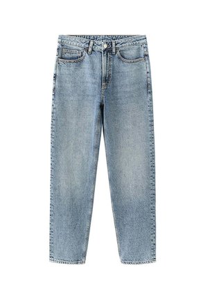Hellblaue Jeans aus Denim mit klassischem Fünf-Taschen-Design und Knopf- und Reißverschluss, dargestellt vor weißem Hintergrund.