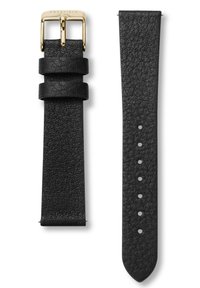 Correa de reloj de cuero negro con textura de grano, hebilla dorada y tres lazos de ajuste; cuenta con múltiples agujeros para el tamaño.
