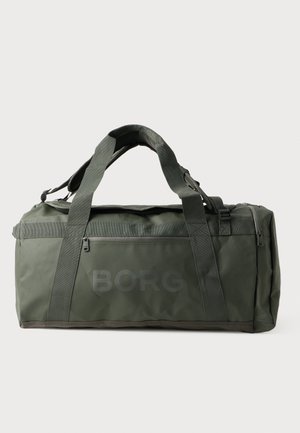 Sac de sport vert en tissu durable, doté de poignées doubles, d'une fermeture éclair et de l'inscription "BORG" imprimée dans un design subtil.