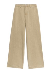 Béžové široké kalhoty vyrobené z měkké, texturované látky. Mají přiléhavý pas s knoflíkovým zapínáním a čisté, rovné lemy.
