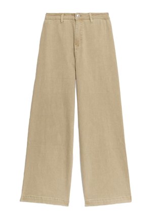 Pantaloni beige a gamba larga realizzati in un tessuto morbido e testurizzato. Presentano una vita aderente con chiusura a bottone e orli dritti e puliti.