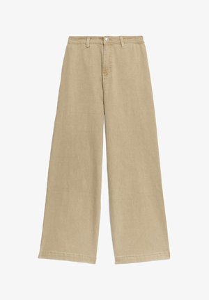 Beige weit geschnittene Hose aus einem weichen, strukturierten Stoff. Mit einer Taillierung und einem Knopfverschluss sowie sauberen, geraden Säumen.