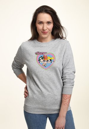 Felpa grigia con polsini e orlo a coste presenta una grafica colorata a forma di cuore con personaggi dei cartoni animati di una serie popolare.