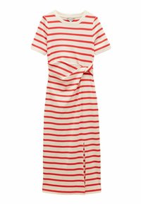 Rot-weißer gestreifter Midi-Kleid aus weicher Baumwolle, mit rundem Halsausschnitt, kurzen Ärmeln, einem Knoten-Detail und einem seitlichen Schlitz.