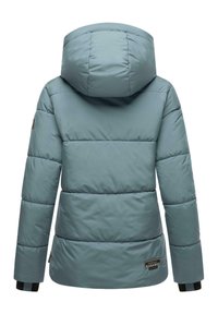 Light blue puffer jacket with a hood, featuring stitched panels and a rubber logo patch on the lower back. Ribbed cuffs with black accents.