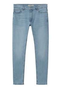 Jean skinny bleu clair avec fermeture à bouton et fermeture éclair, doté d'un design à cinq poches, posé à plat sur un fond blanc.