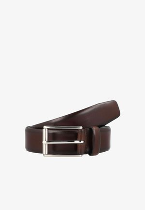 Brown leather belt with a smooth texture, featuring a metallic silver buckle and a classic design. Accented with sturdy stitching.