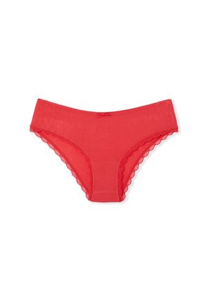 Rode katoenen slips met een gladde textuur, voorzien van een gegolfde kanten rand langs de randen en een klein decoratief strikje aan de voorkant.