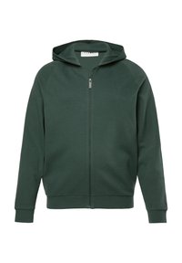 Dunkelgrüner Reißverschluss-Hoodie mit Kapuze, langen Ärmeln und gerippten Bündchen, auf weißem Hintergrund präsentiert.