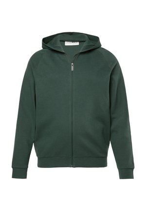 Tmavě zelená mikina na zip s kapucí, dlouhými rukávy a žebrovanými manžetami, vystavená na bílém pozadí.