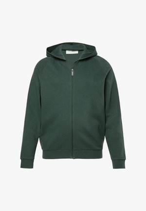 Mørkegrøn zipper hoodie med hætte, lange ærmer og ribbede manchetter, præsenteret på en hvid baggrund.