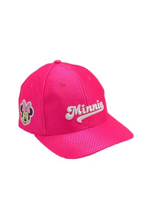 Cappellino a rete rosa con ricamo bianco "Minnie" e una patch di Minnie Mouse con un fiocco rosa sul lato sinistro. Visiera curvata.
