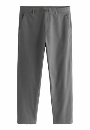 Gray trousers made from a smooth fabric, featuring a button closure, side pockets, and a tailored fit with straight legs.