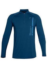 Blue long-sleeve athletic shirt with a quarter-zip collar. Features Under Armour logo and text design on the front, smooth texture.