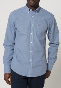 Camisa a cuadros azul y blanca con cuello de botón, mangas largas y un pequeño logo en el pecho. Tejido de algodón, textura suave.