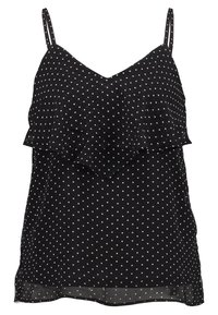 Černý tílko na tenké ramínka s vrstveným volánkovým designem. Má vzor s puntíky v světle růžové barvě na průhledné látce.