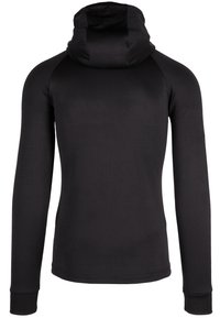 Zwarte langesleeve shirt met een hoge halskap, rekbare stof, getailleerd ontwerp en ribbelmanchetten. Gladde textuur zonder zichtbare patronen of hardware.