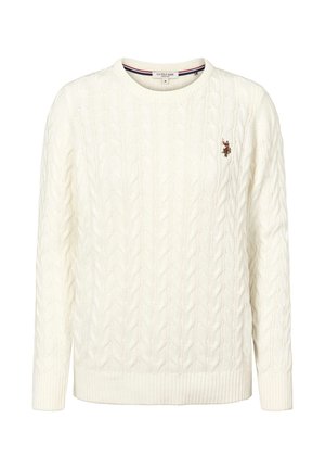 Hvid kabelstrikket sweater med lange ærmer og rund halsudskæring samt lille broderet U.S. Polo Assn.-logo på venstre bryst.